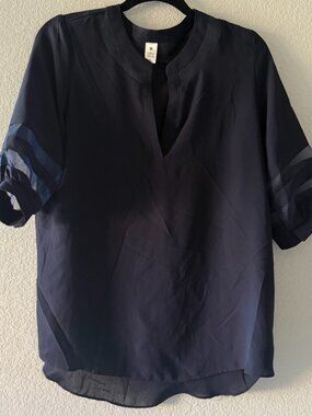 La Belle Navy Blue Split-Neck Blouse with Sheer Stripe Sleeves - Size  M